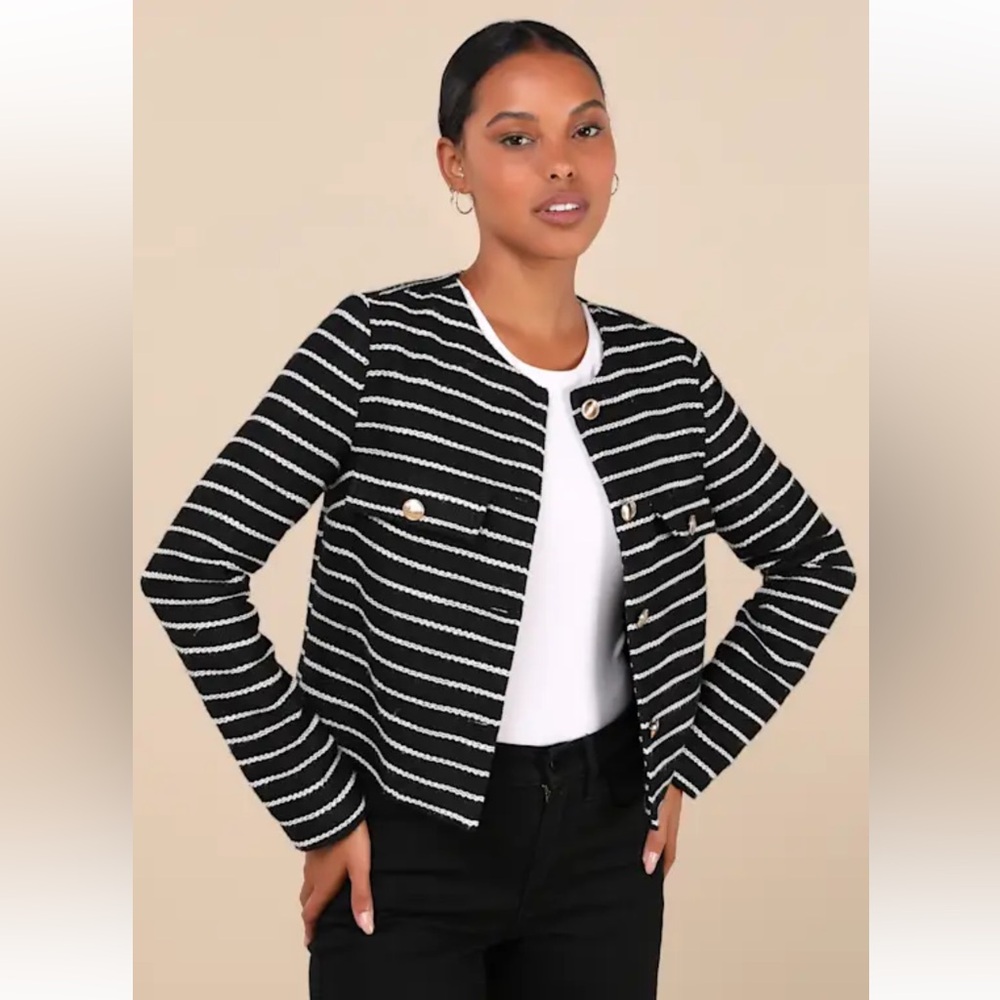 Poised Inclination Black and White Striped Collarless Jacket NWT lulus